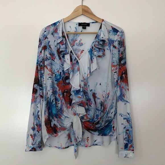 Karen Kane Ruffle Blouse Abstract Long Sleeve Top White Blue Made in USA Small - Picture 2 of 10